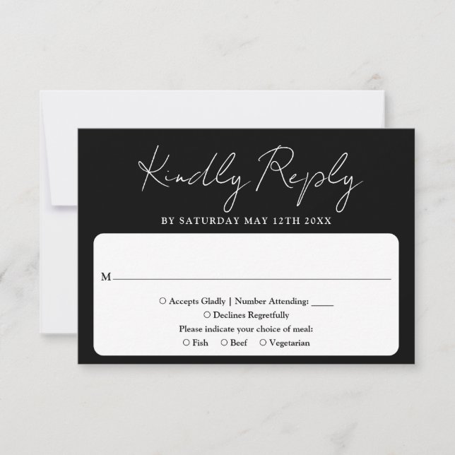 Minimalistische, elegante Script Schwarz-Weiß-Hoch RSVP Karte (Vorderseite)