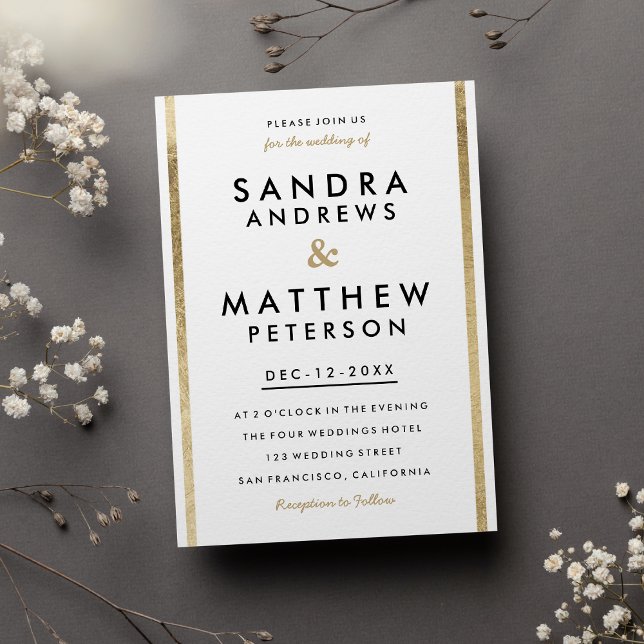 Minimalistische elegante, weiße Streifen Hochzeit Einladung (Minimalist Elegant Chic White Gold Stripes Wedding )