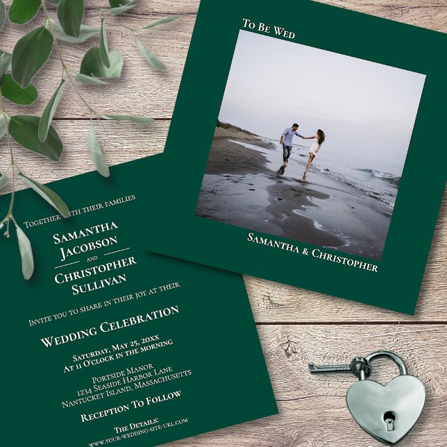 Minimalistische Emerald Green Square Foto Wedding Einladung (Front and Back)
