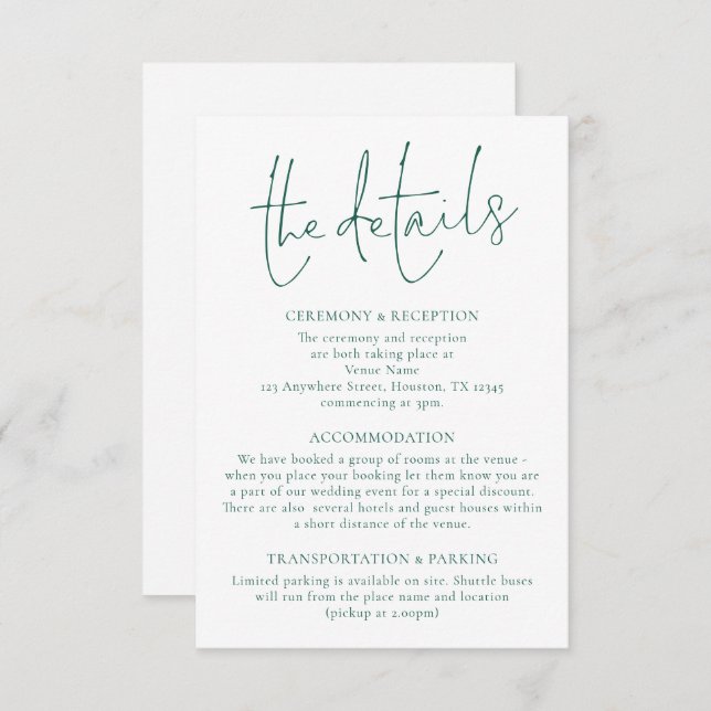 Minimalistische Emerald Green Writing Wedding Deta Begleitkarte (Vorne/Hinten)