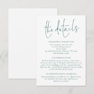 Minimalistische Emerald Green Writing Wedding Deta Begleitkarte