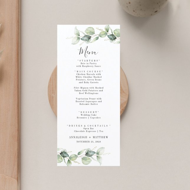 Minimalistische Eukalyptus-Blätter Elegante Hochze Menükarte (Eucalyptus Greenery Wedding Menu Card)
