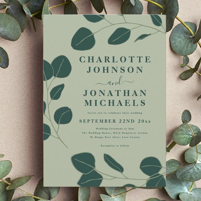 Minimalistische Eukalyptus-Blätter Grüne Hochzeit Einladung (Modern minimalist leaf sage green wedding invitation with stylish elegant typography )