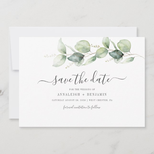 Minimalistische Eukalyptus-Blätter Hochzeiten Save The Date (Vorderseite)
