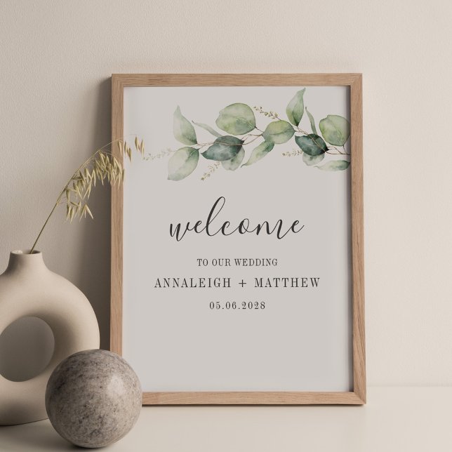 Minimalistische Eukalyptus-Blätter SkriptWedding Poster (Eucalyptus Wedding Welcome Sign)