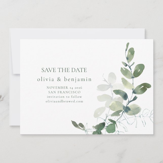 Minimalistische Eukalyptus Botanische Natur Modern Save The Date (Vorderseite)