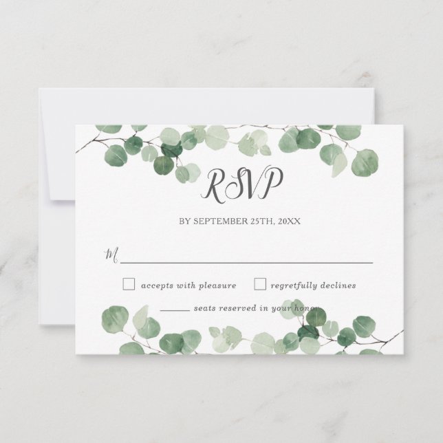 Minimalistische Eukalyptus Greenery Reply Gay Wedd RSVP Karte (Vorderseite)