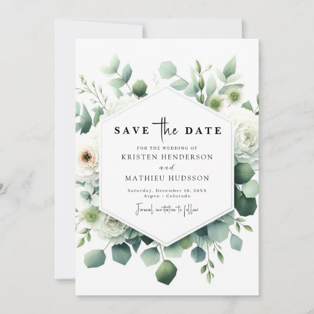 Minimalistische Eukalyptus-Hochzeit Save The Date (Vorderseite)