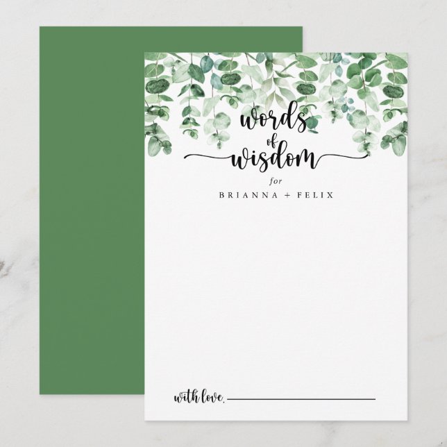 Minimalistische Eukalyptus-Hochzeitwörter der Weis Hinweiskarte (Vorne/Hinten)