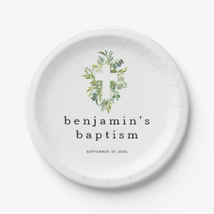 Minimalistische Eukalyptus-Kreuzname Datum Taufe Pappteller