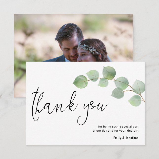 Minimalistische Eukalyptus Leaf Script Foto Hochze Dankeskarte (Vorne/Hinten)