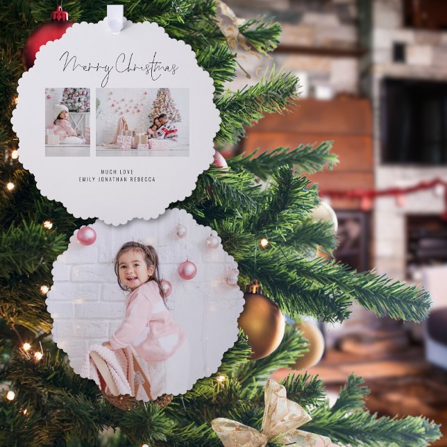 Minimalistische Familie 3 Fotos Ornament Karte (Front and back view)