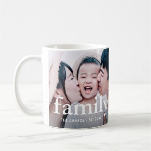 Minimalistische Familientypografie und Foto mit Na Kaffeetasse