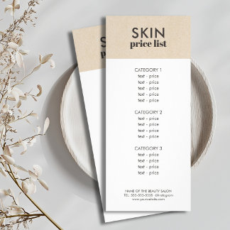 Minimalistische Faux-Kraft-Weiß-Hautpflege-Preisli Werbekarte