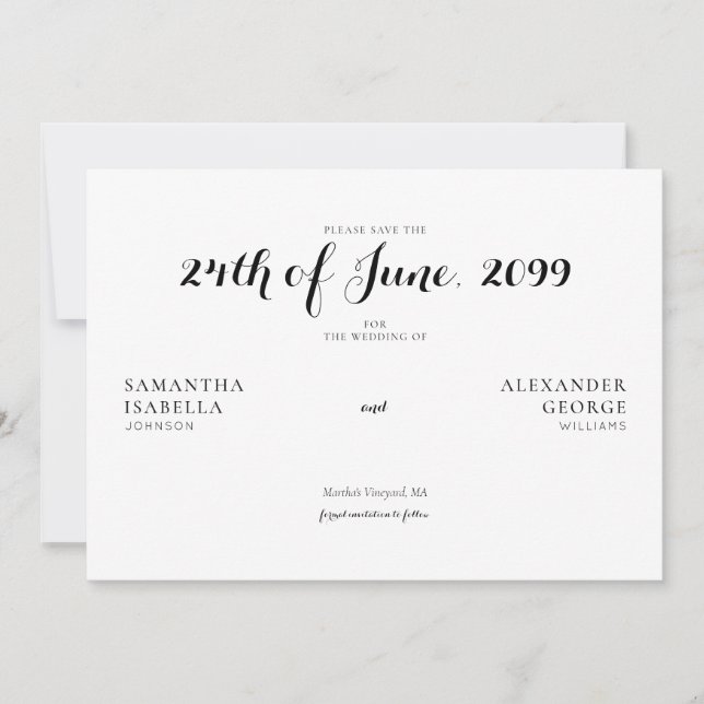 Minimalistische feierliche Schwarz-Weiß-Hochzeit Save The Date (Vorderseite)