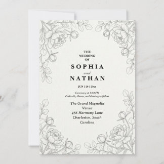 Minimalistische Feinlinige Florale Hochzeitseinlad Einladung