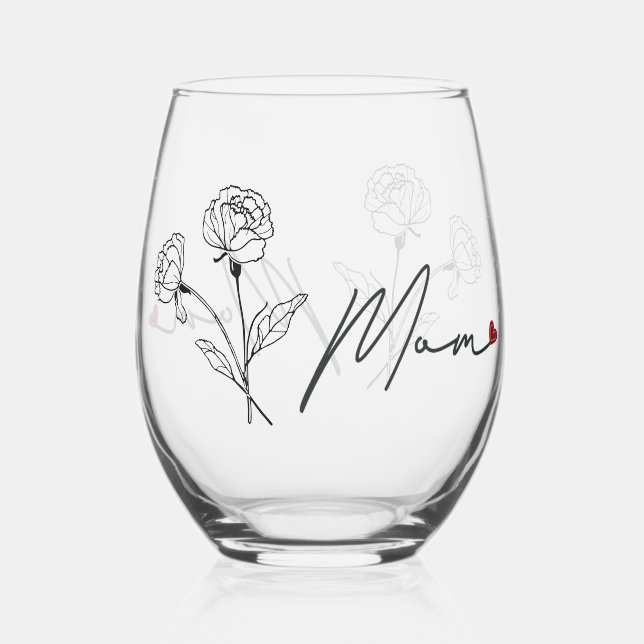 Minimalistische florale Mama Geschenk mit Herz Weinglas Ohne Stiel (Rückseite)