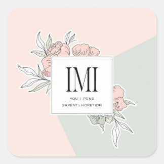 Minimalistische florale Monogramm-Quadrat-Aufklebe Quadratischer Aufkleber