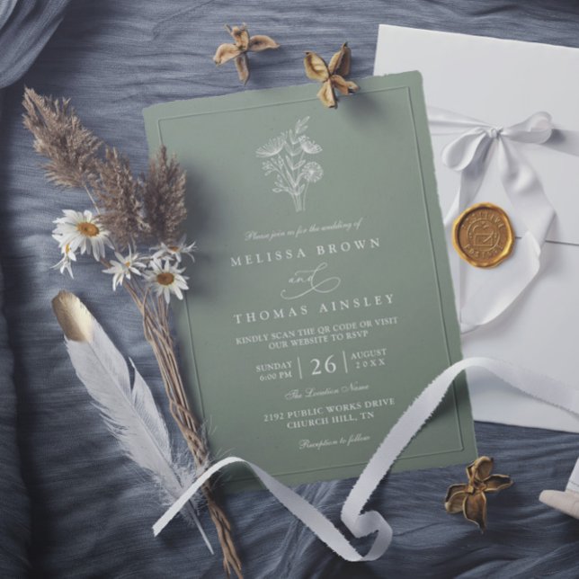 Minimalistische florale salbeigrüne elegante QR-Co Einladung (Von Creator hochgeladen)