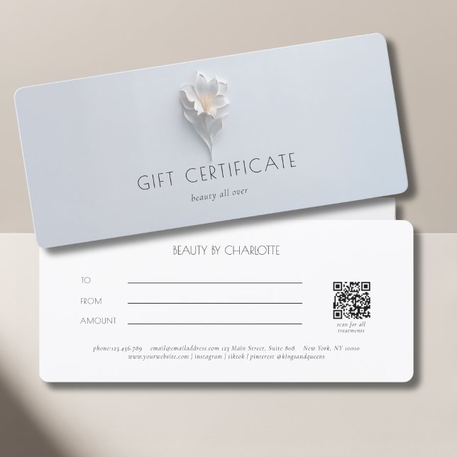 Minimalistische florale weiße Salon-QR-Code-Gesche (Minimalist Floral White Salon QR Code Gift Card)