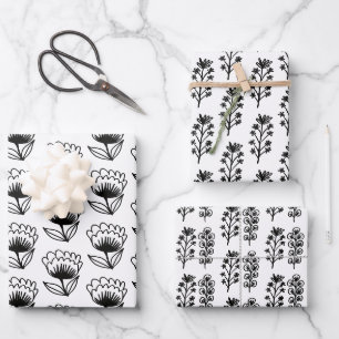 Minimalistische florale Whimsikfarbe Schwarz/Weiß Geschenkpapier Set