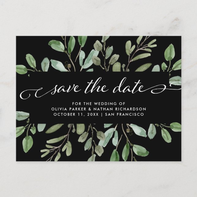 Minimalistische Foliage | Hochzeit Save the Date Ankündigungspostkarte (Vorderseite)
