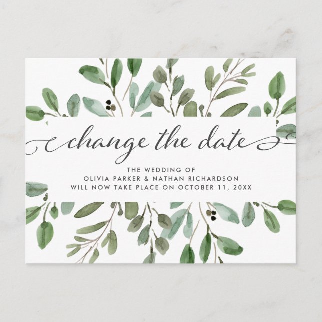 Minimalistische Foliage | Hochzeitwechsel Datum Ankündigungspostkarte (Vorderseite)