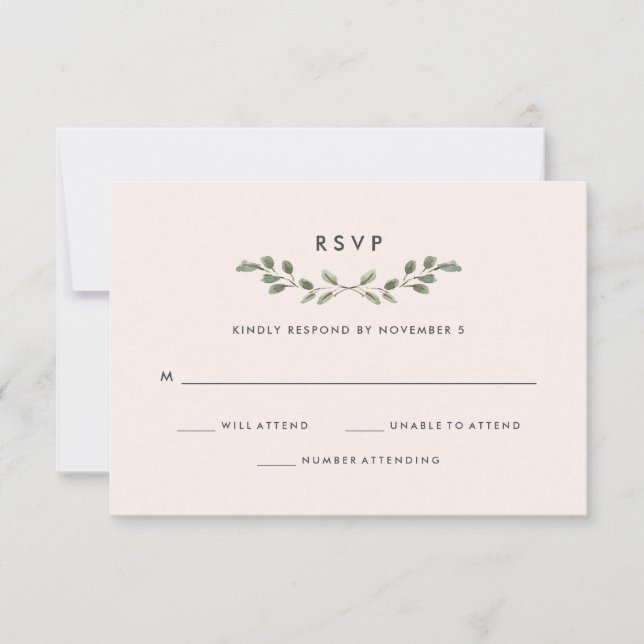 Minimalistische Foliage | Rosa Hochzeit RSVP Karte (Vorderseite)