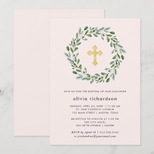 Minimalistische Foliage Rosa Taufe mit Gold Cros Einladung