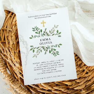 Minimalistische Foliage   Taufe mit Goldkreuz Einladung
