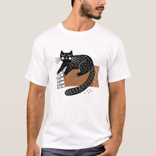 Minimalistische Folk Art Black Cat auf der Hand T-Shirt
