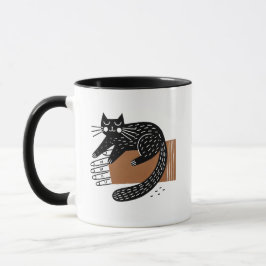 Minimalistische Folk Art Black Cat auf der Hand Tasse