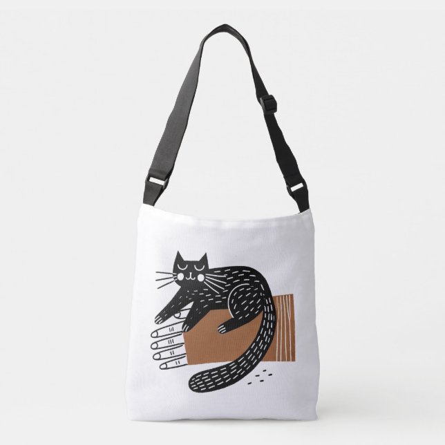 Minimalistische Folk Art Black Cat auf der Hand Tragetaschen Mit Langen Trägern (Vorderseite)