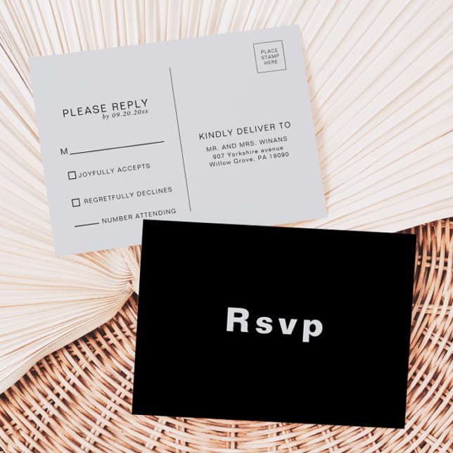 Minimalistische formelle Schwarze Hochzeit Rsvp Postkarte (Von Creator hochgeladen)