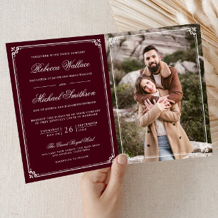 Minimalistische Foto Bordeaux Weiß QR-Code Hochzei Einladung