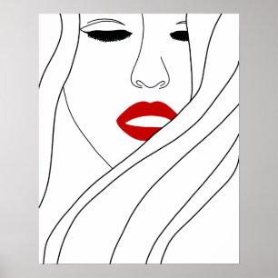 Minimalistische Frau mit roten Lippen Linienkunst Poster