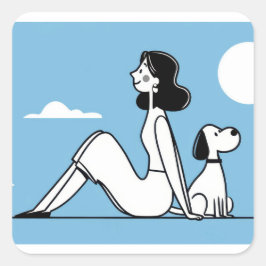 Minimalistische Frau- und Hund-Illustration Quadratischer Aufkleber