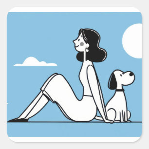 Minimalistische Frau- und Hund-Illustration Quadratischer Aufkleber