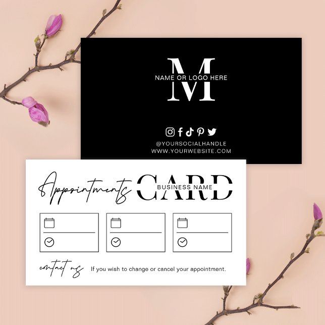 Minimalistische Friseur-Stylist-Salon-Logo Schwarz Terminkarte (Minimalist appointment reminders card with space for 3 appointments, your logo and contact details)