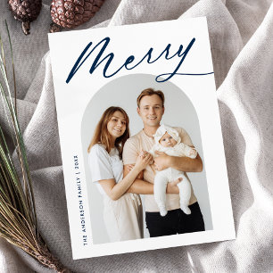 Minimalistische Frohe Navy-Schrift Bogen Foto Feiertagskarte