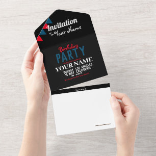 Minimalistische Geburtstagsparty in Schwarz und We All In One Einladung