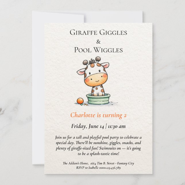 Minimalistische Giraffe Pool-Party Einladung (Vorderseite)