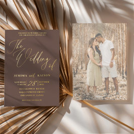 Minimalistische Gold Calligraphy Earth Tones Weddi Folieneinladung
