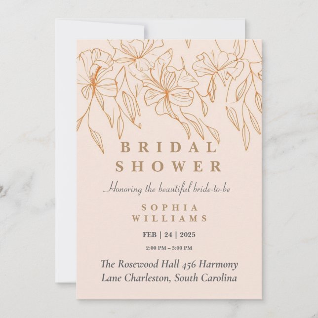 Minimalistische Gold Floral Bridal Dusche Einladun Einladung (Vorderseite)