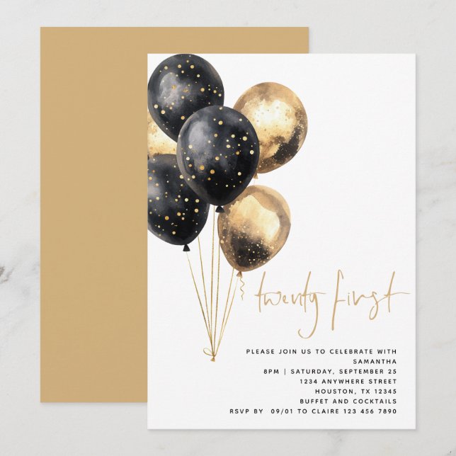Minimalistische Goldballons 21. Party Einladung (Vorne/Hinten)