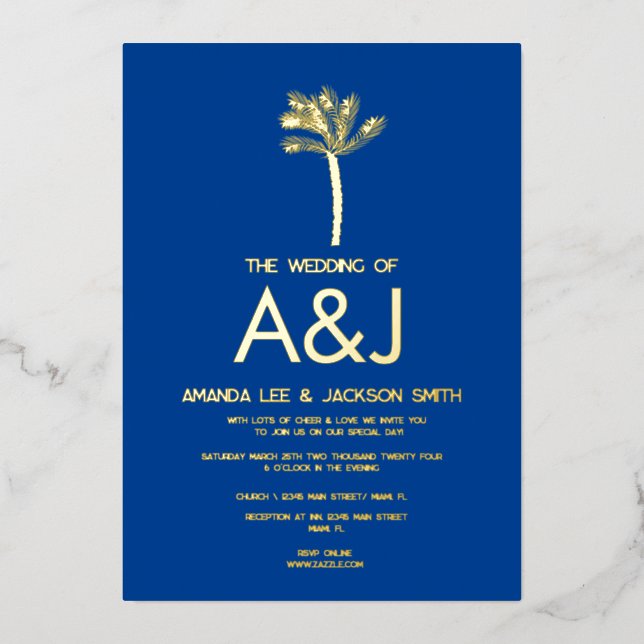 Minimalistische Goldpalm Tree Blue Wedding Folieneinladung (Vorderseite)