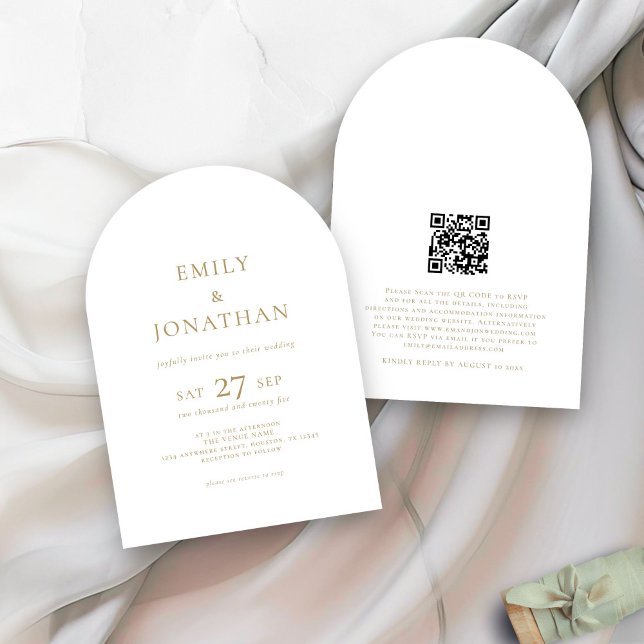 Minimalistische Goldtext QR Code Arch Wedding Einladung (front and back view)