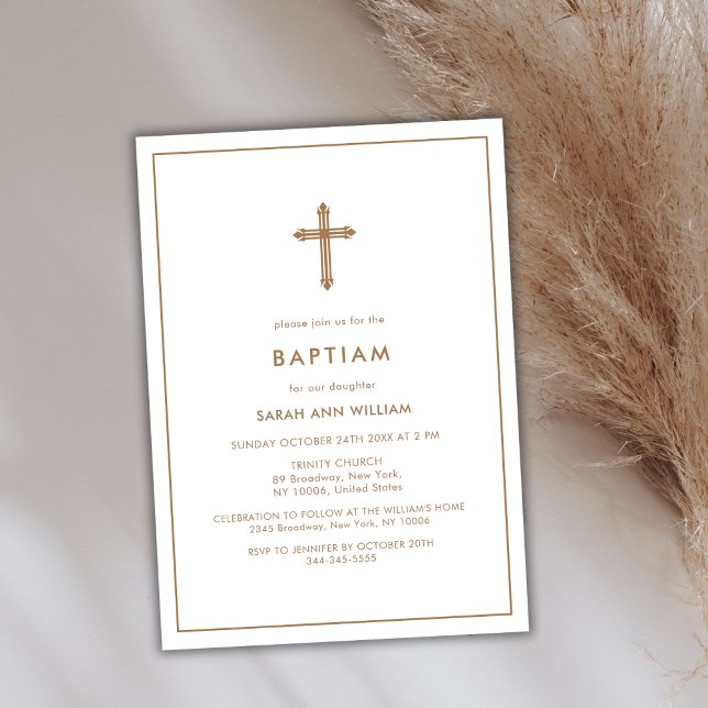 Minimalistische Goldtypografie Cross Frame Baptiss Einladung (Minimalist Gold Typography Cross Frame Baptism Invitation)