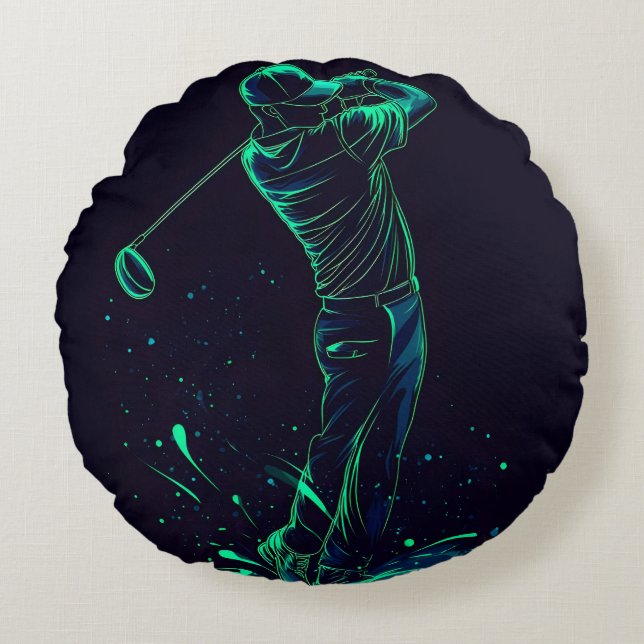 Minimalistische Golfer Green Glow Silhouette Rundes Kissen (Vorderseite)