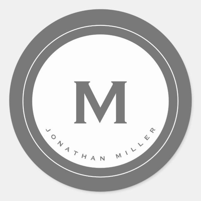Minimalistische graue Monogram-Medallion mit Name Runder Aufkleber (Vorderseite)